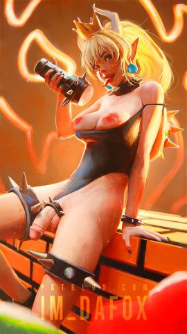 1futa 2d 2d_artwork areolae blonde_hair bowsette bracelets breasts cock_ring exposed_breasts flaccid flaccid_penis fleshlight futa_only futanari im_dafox intersex large_breasts leotard leotard_aside long_ears looking_at_viewer mario_(series) new_super_mario_bros._u_deluxe nintendo nipples penis simple_background spikes tongue tongue_out