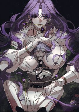 2girls between_breasts breasts dark_hair female female_chief_(path_to_nowhere) female_only garofano_(path_to_nowhere) grey_eyes imminent_sex large_breasts light-skinned_female light_skin mamaloni mouth_covered multiple_females multiple_girls pale-skinned_female pale_skin path_to_nowhere pink_eyes purple_hair size_difference size_play size_transformation transformation unbuttoned_shirt yuri