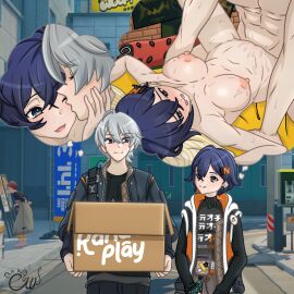 1boy 2girls belle_(zenless_zone_zero) black_jacket blue_hair breasts brother_and_sister closed_eyes closed_mouth female grey_hair highres hoyoverse incest jacket kissing kissing_cheek male mihoyo multiple_females multiple_girls navel nipples nude open_mouth sex siblings smile ushimaru_cowwu wise_(zenless_zone_zero) zenless_zone_zero