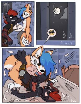 3_panel_comic anal anal_sex animal_genitalia animal_penis anthro anthro_on_anthro anthro_only anthro_penetrated anthro_penetrating anthro_penetrating_anthro armor ass balls bed black_body black_fur blue_hair bodily_fluids bottomwear breaking_bed breastplate canid canine canine_genitalia canine_penis canis cheek_tuft clenched_teeth clothing dialogue domestic_dog domination domination_loss dripping drooling duo emoji english_text erection facial_piercing facial_tuft fangs fantasy fur furniture gay gay_male genitals grabbing_sheets hair hair_over_eye half-closed_eyes hi_res humanoid_genitalia humanoid_penis hyena instant_loss_2koma knot loincloth looking_pleasured lying lying_on_bed male male/male male_penetrated male_penetrating male_penetrating_male mammal markings melee_weapon moon multicolored_body multicolored_fur mythological_canine mythological_creature mythology narrowed_eyes nose_piercing nose_ring on_back on_bed one_eye_obstructed penetration penile penile_penetration penis penis_in_ass perineum piercing piledriver_position prison prison_cell red_hair red_markings ring_piercing saliva saliva_drip saliva_string sex smile smirk smug smug_face smug_grin speech_bubble sword tan_body tan_fur teeth text tongue tongue_out tuft two-tone_body two-tone_fur weapon were werecanid werecanine werewolf white_body white_fur wide_hips xing1 yaoi