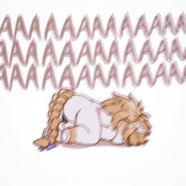 anothereidos_of_dragon_vein_r anthro ass backsack balls ballsack blonde_hair braided_tail equid equine equus_(anothereidos_r) fur genitals hair hi_res horse humor kogane_reinsheavenz male mammal muscular muscular_anthro muscular_male nude screaming solo tail white_body white_fur