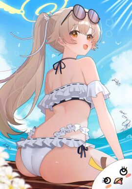 :d absurdres ass bare_shoulders bikini blue_archive blue_sky cloud commentary cumulonimbus_cloud day eyewear_on_head female frilled_bikini frills halo halterneck hifumi_(blue_archive) hifumi_(swimsuit)_(blue_archive) highleg highleg_bikini highres long_hair looking_at_viewer median_furrow multi-strapped_bikini_bottom navel ocean official_alternate_costume open_mouth outdoors peroro_(blue_archive) ponytail round_eyewear shoulder_blades shusuchii side-tie_bikini_bottom sitting sky smile solo sunglasses swimsuit symbol-only_commentary white_bikini yellow_eyes yellow_halo