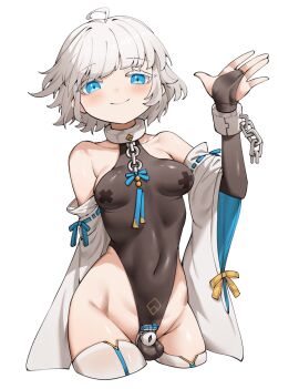 1futa ahoge artist_request balls black_leotard blue_eyes blush breasts chastity_cage chastity_device collar detached_sleeves dickgirl elbow_gloves flat_chastity_cage futa_only futanari gloves grey_hair highres intersex leotard looking_at_viewer metal_collar original pasties png short_hair skin_tight skindentation small_breasts small_chastity_cage smile standing testicles thighhighs white_thighhighs