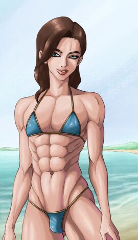 1boy beach bikini bikini_bottom bikini_top bulge bulge_in_panties crossdressing femboy lean_body male muscular slender slender_body slender_waist sultry_eyes trap visualdrool