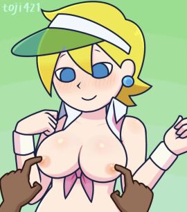 1girls animated artist_name blonde_hair blue_eyes breasts dark_skin earrings green_background judy_(pop'n_music) light_skin loop nipple_stimulation nipples official_style pop'n_music pop'n_music_artstyle simple_background tagme toji_(artist) ugoira upper_body video wristband