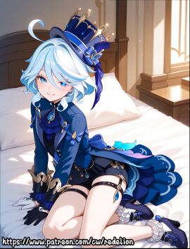 1girls ai_generated bed bedroom bedroom_background bedroom_setting bedsheets blue_eyes clothed clothed_female clothing curvaceous curvaceous_body curvaceous_figure curvaceous_hips curvaceous_thighs curvy curvy_body curvy_female curvy_hips curvy_thighs female female_focus female_only frilled_legwear furina_(genshin_impact) genshin_impact grin hat heterochromia hoyoverse inviting inviting_to_sex jewelry legs_together light-skinned_female light_skin looking_at_viewer mihoyo mismatched_gloves morning ornament redelion seductive seductive_look seductive_smile shoes short_hair sitting sitting_on_bed small_breasts smiling socks teenage_girl teenager top_hat wariza white_hair window window_light