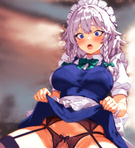 absurdres apron black_garter_belt black_hair blue_eyes blush bow bowtie braid breasts clothes_lift collared_shirt female female_pubic_hair flandzen garter_belt green_bow grey_hair highres izayoi_sakuya lace-trimmed_garter_belt lace-trimmed_legwear lace_trim large_breasts maid maid_headdress mismatched_pubic_hair no_panties open_mouth pubic_hair puffy_short_sleeves puffy_sleeves sakuya_izayoi shirt short_sleeves sitting skirt skirt_lift thighhighs touhou twin_braids waist_apron white_shirt