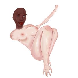 amputee beautiful big_breasts black_face blue_eyes breasts disability female fetish god_has_left_us lipstick looking_at_viewer meme missing_arm simple_background sole_female thighs white_background white_body