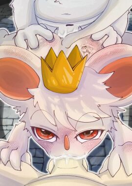 2024 4_fingers anal anal_sex anthro ass blush bodily_fluids churippa clothing crown cum cum_in_ass cum_in_mouth cum_inside fellatio fingers first_person_view fur genital_fluids group headgear headgear_only headwear headwear_only hi_res inside kaito_oji_churippa! male male/male mammal mmm_threesome mostly_nude mouse murid murine nude nude_male oral overweight overweight_male penetration penile penis red_eyes rodent sex suzuinu tattoo trio white_body white_fur