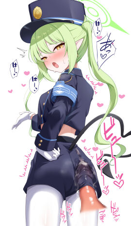 :d absurdres aoto_mei armband ass black_jacket black_shorts blue_archive blue_armband blush bulge commentary_request cum cum_on_ass cum_on_body cum_on_clothes demon_tail disembodied_penis dry_humping ejaculation_under_clothes erection erection_under_clothes female from_behind gloves green_hair green_halo halo hand_on_own_ass hat highres jacket long_hair long_sleeves looking_at_viewer looking_back male nozomi_(blue_archive) oerba_yun_fang open_mouth pantyhose pantylines partial_commentary peaked_cap penis penis_under_another's_clothes pointy_ears short_shorts shorts simple_background skin_fang smile tail tail_through_clothes translation_request twintails variant_set white_background white_gloves white_pantyhose yellow_eyes young