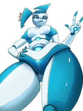 1girls 2d 2d_(artwork) big_hips big_thighs breasts child_bearing_hips female highres hips hips_wider_than_shoulders huge_thighs jenny_wakeman looking_up low-angle_view mavrix medium_breasts my_life_as_a_teenage_robot peace_sign robot robot_girl robot_humanoid solo solo_female solo_focus thighs xj-9