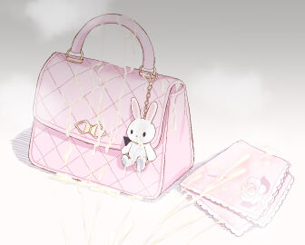 bag bag_charm blue_archive charm_(object) cum cum_on_object handbag handkerchief niss_oekaki no_humans object_focus pink_bag still_life takane_(blue_archive) white_background