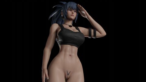 1girls 3d abs athletic_female blue_eyes blue_hair bottomless bouquetman brazilian brazilian_female ikari_warriors king_of_fighters king_of_fighters_xv latina latina_female leona_heidern metal_slug military_girl pubic_hair salute saluting shaped_pubic_hair snk tagme