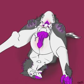 anthro anus ass balls big_butt bite biting_lip bodily_fluids colored_nails cum cum_drip cum_in_ass cum_inside cumflation defunctfluff digitigrade dripping eather eye_roll fur genital_fluids genitals grey_body grey_fur hi_res inflation knot knotted_penis leaking_cum lying male nails on_back pawpads paws penis perineum pleased_expression presenting presenting_anus presenting_hindquarters purple_anus purple_body purple_fur purple_nails purple_pawpads sergal solo stomach_bulge tail thick_thighs white_body white_fur