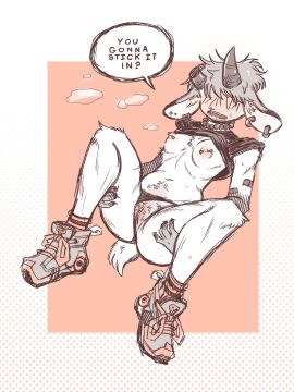 3:4 ambiguous_species anthro band-aid band-aid_on_arm bandage barbell_piercing biped blush bodily_fluids bonnie_guerra breasts broken_horn clothing dialogue ear_piercing female footwear genitals hi_res horn jewelry navel necklace nipple_barbell nipple_piercing nipples obscured_eyes piercing pubes pussy shoes sneakers solo speech_bubble sweat talking_to_viewer vulva