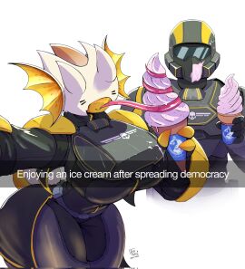 1boy 1girls 2020s 2024 2d 2d_(artwork) anthro anthro_female armor armored_female arzyparzy ass big_ass big_breasts big_thighs blush breast_squish breasts bug bug_girl cute duo english english_text female fully_clothed helldiver_(helldivers) helldivers helldivers_2 hi_res highres hips hourglass_figure hunter-chan_(arzyparzy) hunter_(helldivers) ice_cream ice_cream_cone large_thighs leaning_forward long_tongue male round_ass terminid thick_thighs thighs tongue very_long_tail wholesome wide_hips