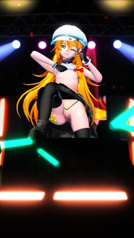3d 3d_(artwork) alternate_version_at_source alternate_version_available armpits arms_up asawa bare_arms bare_breasts barely_clothed barely_contained barely_covered blonde_hair braid braided_hair braided_ponytail breasts clothes_lift exhibitionism exposed_breasts exposing exposing_chest exposing_self female fingerless_gloves flashing flashing_breasts from_below gloves glowstick looking_at_viewer looking_down low-angle_view marisa_kirisame microphone mikumikudance mmd nipples no_bra panties performance podium pubic_hair pubic_hair_peek public public_exposure showing_off skimpy skimpy_panties skirt small_breasts string_panties touhou underwear upskirt wink winking_at_viewer yellow_eyes