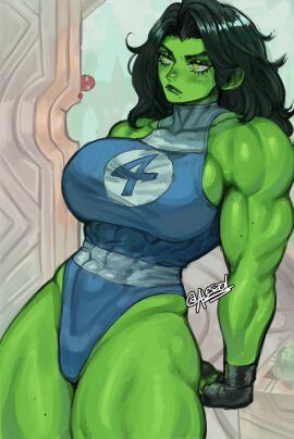1girls abs al3s bare_arms bare_legs bare_shoulders bare_thighs big_breasts breasts clothed clothing color fantastic_four female female_focus fit fit_female green_body green_eyes green_hair green_skin hi_res hulk_(series) jennifer_walters large_breasts long_hair male marvel marvel_comics muscles muscular muscular_arms muscular_female muscular_legs muscular_thighs she-hulk she-hulk_(fantastic_four) solo solo_female thick_thighs