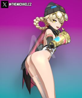 1girls 3d 3d_(artwork) 3d_render alternate_version_at_source alternate_version_available ass ass_focus bare_ass blender blender_(software) blonde_hair bodysuit butt_focus cape female genshin_impact glasses glasses_on_head gradient_background hoyoverse jahoda_(genshin_impact) looking_at_viewer mechanical_arm mihoyo naked naked_female open_mouth solo solo_female solo_focus star_eyes the_michael thigh_highs thighhighs thighs watermark wink winking winking_at_viewer