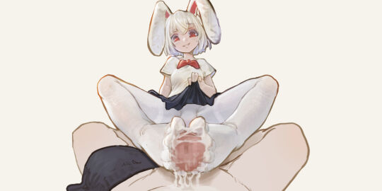 1boy animal_ears breasts censored clothes_lift commentary_request feet female foot_pussy footjob footjob_with_legwear foreshortening ghost_2e grey_background hair_between_eyes knees_apart_feet_together leaning_back lifted_by_self looking_at_viewer male medium_hair mosaic_censoring original pantyhose pov pussy rabbit_ears rabbit_girl red_eyes sidelocks skirt skirt_lift small_breasts smug straight thighband_pantyhose two-footed_footjob white_hair white_pantyhose