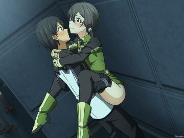 1boy 1girls arms_around_partner asada_shino black_eyes black_hair blush boots clothed_sex female glasses happy happy_sex implied_sex kirigaya_kazuto kirito looking_at_another male mysteryctu outdoor_sex outdoors sex short_hair smile standing standing_sex stealth_sex sword_art_online thighhighs upright_straddle