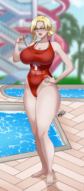 1girls alternate_version_available big_breasts blonde_hair breasts eyewear feet female female_only full_body glasses glynda_goodwitch green_eyes hair hair_bun hand_on_hip hips huge_breasts legs leux_21 lifeguard lifeguard_swimsuit lips mature mature_female milf neckwear one-piece_swimsuit red_glasses red_swimsuit rwby solo solo_female swimsuit swimwear thighs whistle