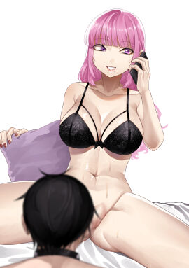1boy absurdres ass black_bra black_hair blunt_bangs blurry bondage bra breasts cellphone collar depth_of_field dorozumi female grin highres holding holding_phone large_breasts long_hair male mole mole_under_mouth navel original partially_visible_vulva phone pillow pink_hair pink_lips purple_eyes pussy red_nails sitting smartphone smile spread_legs stomach straight sweat talking_on_phone underwear