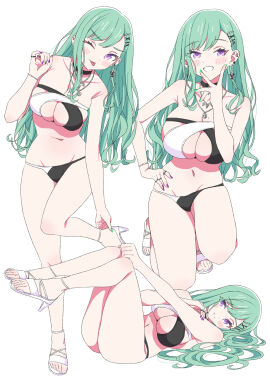 ass_visible_through_thighs bare_arms bare_belly bare_legs bare_shoulders bare_thighs belt big_breasts bikini black_and_white_bikini blush bracelet breasts choker cleavage collarbone cross-laced_bikini earrings feet female green_hair green_nails groin hairpin hand_on_own_hip large_breasts legs_up long_hair lying mole mole_on_breast nail_polish one_eye_closed purple_eyes purple_nails sandals sho_(shoshos_8888) sideboob smile strapless strapless_bikini thighs toes tongue tongue_out virtual_youtuber vspo! wink yakumo_beni