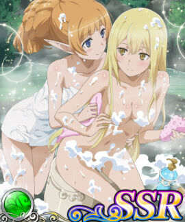 2girls aiz_wallenstein alternative_hairstyle bathing blonde_hair blue_eyes blush breasts dungeon_ni_deai_wo_motomeru_no_wa_machigatteiru_darou_ka elf elf_ears elf_female elf_girl female golden_eyes human kneeling lefiya_viridis light-skinned_female light_skin long_ears long_hair medium_breasts naked naked_female nude nude_female orange_hair pointy_ears sitting smile thighs towel towel_only washing_back wet wet_body wet_skin