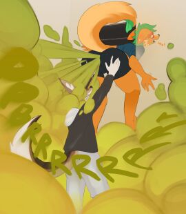 absurd_res accidental_fart anthro ass canid canine canis casey_(dmb) casual_fart clothed clothing dialogue duo explosive_fart fart fart_cloud fart_fetish farting_on_another farting_on_face fur gassy green_hair hair hand_on_ass hand_on_butt harley_(dmb) hi_res holding_partner huge_fart hybrid jackal lichee male male/male mammal mephitid multicolored_body multicolored_fur orange_body orange_fur pushing raised_tail skunk smelly tail wolf