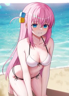 1girls beach bikini blue blue_eyes bocchi_the_rock! breasts female female_solo gotou_hitori melreon pink_hair solo_female white_bikini