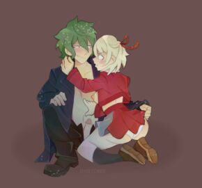 1boy 1girls blonde_hair blush breasts dyketober female looking_at_another lycoris_recoil majima_(lycoris_recoil) male nishikigi_chisato nude panties spread_legs