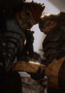3d alien armor balls bioware blue_eyes bodily_fluids digital_media_(artwork) duo electronic_arts facial_scar foreskin gay genital_fluids genitals glowing grey_body grunt_(mass_effect) handjob hi_res humanoid_genitalia humanoid_penis intraspecies krogan male male/male male_only mass_effect nude partially_retracted_foreskin penile penis precum precum_string pupils red_body red_eyes retracted_foreskin rooking scar sex slit_pupils standing tan_body tan_skin uncircumcised urdnot_wrex