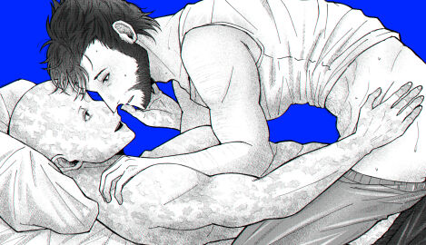 2boys abs arm_hair ass bald beard bed_sheet blue_background blush boy_on_top clothes_pull deadpool deadpool_&_wolverine_(2024) doghooouse eye_contact facial_hair gay hand_on_another's_face imminent_penetration james_howlett large_pectorals logan_(x-men) looking_at_another male male_focus male_only marvel marvel_cinematic_universe marvel_comics monochrome multiple_boys multiple_males muscular muscular_male mutant_(marvel) mutate_(marvel) open_mouth pants pants_pull pectorals pillow scar scars_all_over short_hair smile sweat wade_wilson wolverine_(x-men) x-men yaoi