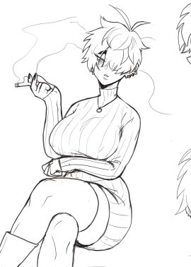 1girls arm_below_breasts aunt aunt_hellen_(insouwu) belly_button big_breasts boobs boots breasts cigarette cigarette_smoke collar earring earrings fangs female female_focus female_only hair_over_one_eye holding holding_cigarette holding_object insouwu legs legs_crossed messy_hair milf nipples_visible_through_clothing oc original_character pose short_hair sketch sweater thick thick_hips thick_thighs