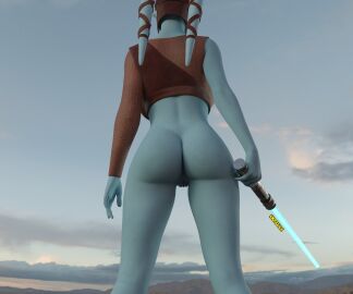1girls 3d aayla_secura alien alien_girl ass back_view big_ass blue_skin female knockkale lightsaber pussy solo star_wars twi'lek