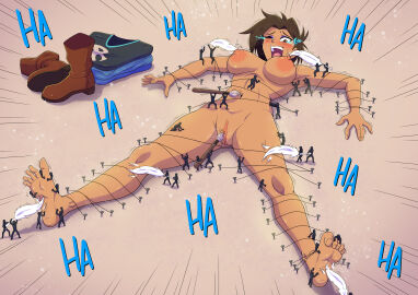 billvicious brush_tickling completely_naked crying_laughing erect_nipples feather_tickling female giantess gulliver's_travels high_quality high_resolution highres laughing naked_female nude_female one_eye_closed original original_character pussy restrained tanned_female tanned_skin tears tickle_torture tickling tickling_feet tickling_legs tickling_pussy ticklish tiny_people