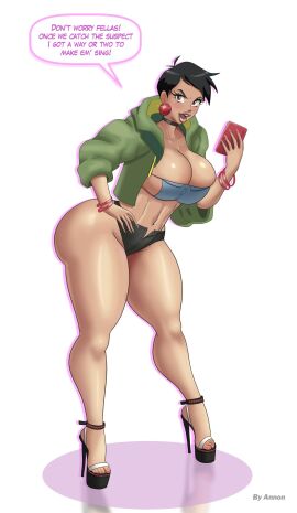 1girls 2d ankle_strap_heels annon ass big_breasts big_lips bimbo bimbo_lips bimbofication bimbofied black_choker black_hair black_heels bracelet breasts brown-skinned_female brown_eyes brown_skin brown_skinned_female choker cleavage clothed clothed_female clothing dark-skinned_female dark_skin dc dc_comics dialogue earrings english english_text eyeshadow female female_only full_lips fully_clothed green_jacket heels high_heels huge_ass human jacket large_breasts lois_lane lois_lane_(my_adventures_with_superman) looking_at_viewer midriff my_adventures_with_superman navel open_toe_shoes pearl_earrings phone platform_heels red_bracelet red_earrings red_phone revealing_clothes short_hair simple_background skimpy skimpy_clothes solo solo_female speech_bubble standing stiletto_heels superman_(series) text text_bubble thick_lips tombo very_high_heels voluptuous voluptuous_female white_background