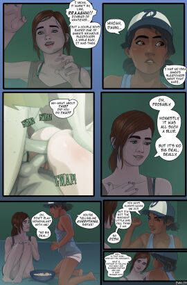 2d 2girls 3girls anal baseball_cap black_hair breasts brown_eyes brown_hair clementine_(the_walking_dead) clothed clothing comic comic_page comic_panel couple crossover dark-skinned_female dark_skin double_penetration eastern_and_western_character ellie_(the_last_of_us) ellie_williams english english_dialogue english_text female green_eyes hat imminent_sex interracial juliet_starling light-skinned_female light_skin lollipop_chainsaw nearphotison painted_nails petite small_breasts tank_top text text_bubble the_last_of_us the_walking_dead the_walking_dead_game watching_tv