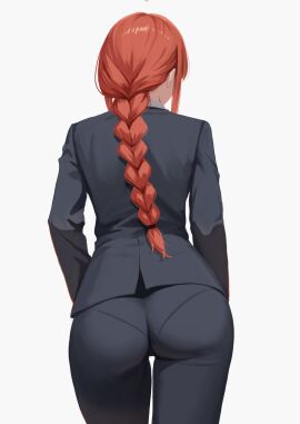 1girls ass back back_view big_ass braid braided_hair braided_ponytail chainsaw_man clothed clothing diky female female_only fully_clothed hair light-skinned_female light_skin long_hair makima_(chainsaw_man) mammal pale-skinned_female pale_skin panties panties_under_pants panties_visible_through_clothing pants pantylines rear_view red_hair solo solo_female solo_focus suit thick_thighs thin_waist uniform unseen_female_face upper_body very_long_hair white_background white_body wide_hips