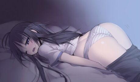 1girls antenna_hair ass black_hair blue_eyes blush female female_masturbation female_only kashiwamochi_yomogi lying masturbation on_bed on_stomach one_eye_closed original saliva solo striped_panties sweat underwear