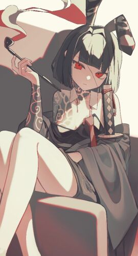 1girls black_hair breasts bunny_ears cleavage clothing corset female female_only kurokumo_clan_(identity)_(project_moon) limbus_company project_moon red_eyes ryoshu_(limbus_company) short_hair sitting small_breasts smoking tattoo tattoos xnol_xaxl yakuza_tattoo