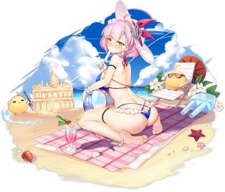 ahoge anklet ass azur_lane back bare_shoulders barefoot beach beach_chair bikini bird blue_bikini blue_hair blue_sky blush bracelet braid braided_bangs breasts butt_crack cg chick choker cloud cross cup day drink drinking drinking_glass drinking_straw earrings feet female finger_to_mouth flower food frilled_bikini frills from_behind fruit full_body hair_flower hair_ornament halterneck hat holding horizon jewelry large_breasts looking_at_viewer looking_back manjuu_(azur_lane) multi-strapped_bikini multicolored_hair nail_polish ocean official_alternate_costume official_art outdoors pink_hair popsicle sand sand_castle sand_sculpture short_hair shovel sitting skindentation sky soles solo starfish streaked_hair sun_hat sunglasses swimsuit tartu_(azur_lane) tartu_(overthinking_summer)_(azur_lane) thigh_strap thighs thong_bikini toes towel transparent_background tropical_drink umbrella wariza water watermelon white_flower white_headwear yellow_eyes
