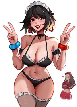 big_breasts black_bikini black_hair black_swimsuit blonde_hair bracelet breasts choker earrings evie_(fortnite) female flustered fortnite fortnite:_battle_royale hairpin lipstick magaska19 maid maid_bikini maid_swimsuit red_lipstick ruby_(fortnite) smile swimsuit thick_thighs thighhighs wide_hips