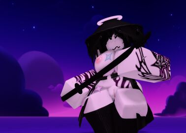 1girls 3d 3d_(artwork) areolae arrymix breasts holding_katana katana martyr_(the_battle_bricks) mostly_nude mostly_nude_female nipple_piercing nipples pussy pussy_out roblox roblox_game robloxian self_upload standing tagme tattoo tattoos the_battle_bricks thighhighs thighs weapon