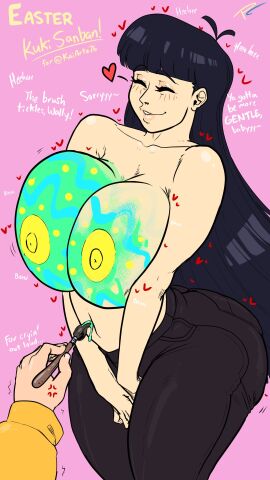 1boy 1girls aged_up anger_symbol anger_vein artist_signature asian asian_female ass big_ass big_breasts black_hair black_jeans blush blush_lines body_paint body_painting bouncing_breasts breasts canon_couple cartoon_network closed_eyes codename:_kids_next_door dialogue easter english english_text fakeryway female female_focus heart hearts_around_body hearts_around_head jeans kuki_sanban large_breasts long_hair male numbuh_3 numbuh_4 offscreen_character offscreen_male paint paintbrush painted_body painted_breasts painting painting_body pleasure_castle pressing_breasts_together simple_background tagme text topless voluptuous voluptuous_female wallabee_beetles wholesome ych ych_commission