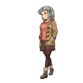 1girls before_expansion black_leggings black_skirt breasts expansion female grey_hair leggings light-skinned_female light_skin medium_breasts mo_dame_kuuki red_shirt shirt skirt tagme