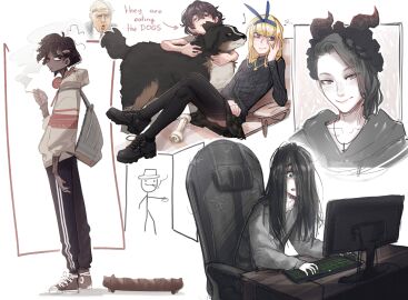 1boy 5girls absurdres animal are_ya_winning_son biting biting_ear black_footwear black_hair black_pantyhose black_sweater blind_girl's_dog_(popopoka) blind_girl_(popopoka) blonde_girl_(popopoka) blush brown_skirt canine cat_baguette_(popopoka) chair cigarette closed_mouth collarbone computer computer_keyboard computer_mouse dark-skinned_female dark_skin donald_trump english_text erika_(popopoka) female freckles from_side hair_over_one_eye highres holding holding_cigarette horns jewelry long_hair maid_headdress male meme miniskirt multiple_females multiple_girls necklace original pants pantyhose plaid_clothes plaid_skirt pleated_skirt popopoka pussy pussy_juice real_life shoes sketch skirt smile sophie_(popopoka) sweater tears