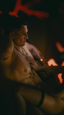 3d black_nail_polish black_nails cyberpunk_2077 female female_on_top fishnet_legwear fishnets jackie_welles male male/female male_focus romantic romantic_ambiance romantic_couple thighhighs thighs v