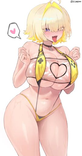 1girls :3 :d ahoge artist_signature bangs bangs_over_eyes big_breasts blonde_hair blush breasts cameltoe choker cleavage cleavage_window collar cute_fang elegg_(boom_and_shock)_(nikke) elegg_(nikke) eyes_visible_through_hair female goddess_of_victory:_nikke hair_intakes hair_over_eyes heart hips hourglass_figure huge_breasts jtveemo looking_at_viewer midriff navel open_mouth purple_eyes short_hair simple_background skimpy_clothes skindentation solo spoken_heart sweat tagme thighs tongue tongue_out white_background wide_hips